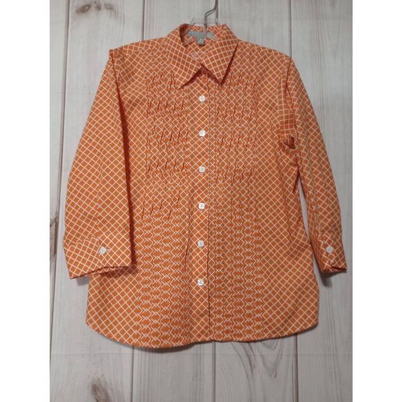 Foxcroft Shirt Ladies‎ 8 Orange White Button Front Light Weight - Picture 1 of 7